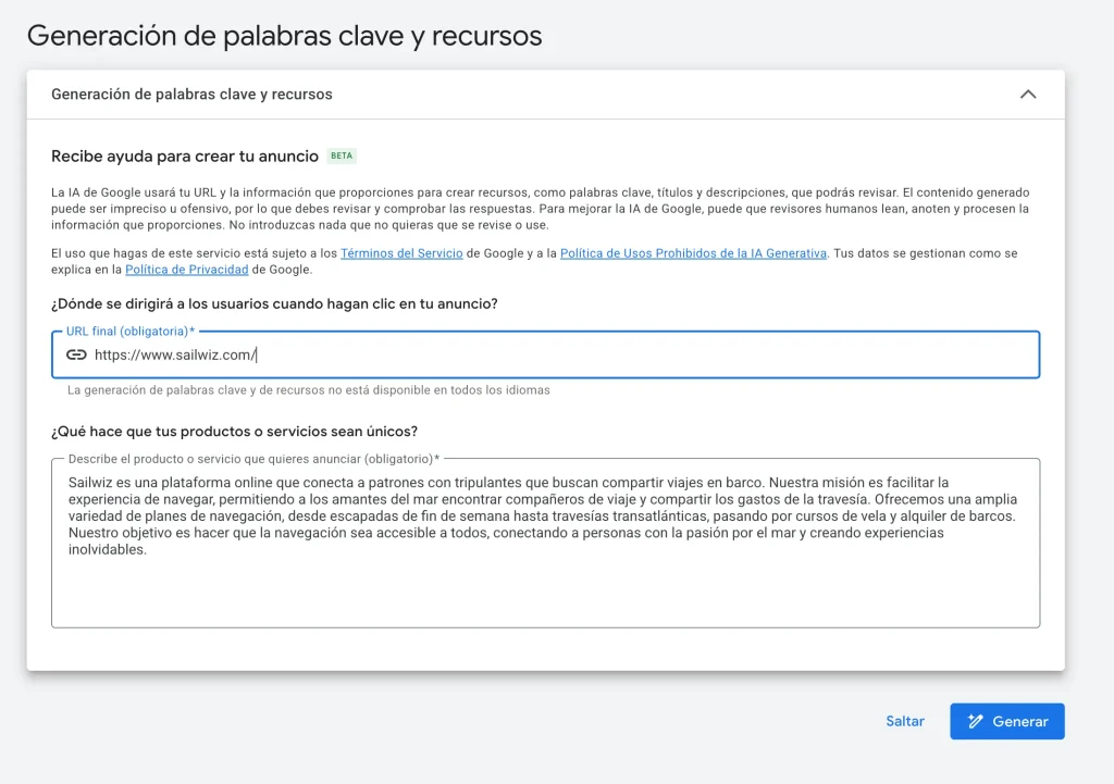Generador de contenidos IA Google Ads