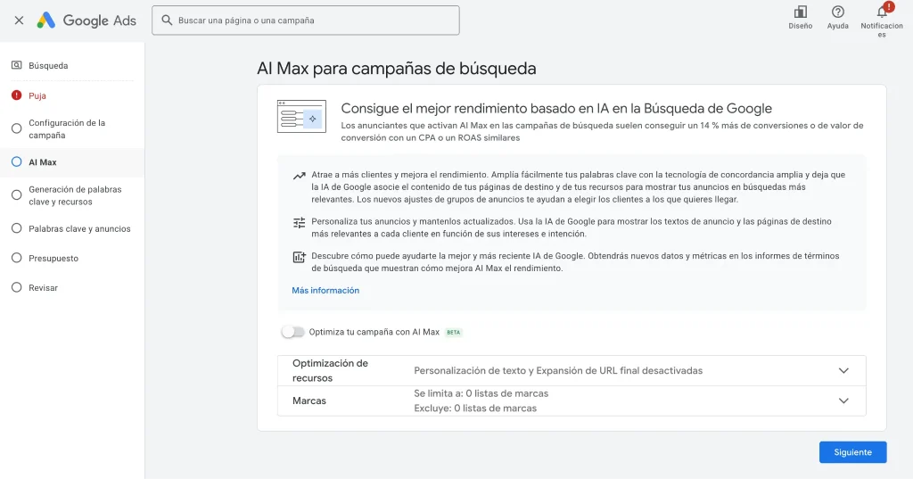 Interfaz de activación de AI Max en Google Ads